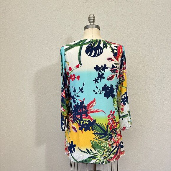 JOHN MARK Washable Silk Tunic Top Multicolor Floral Slit Sleeve Artsy - Picture 2 of 12